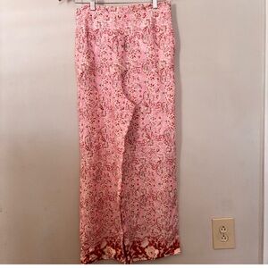 Zara Women Wide Leg Linen Blend
Elastic Waist Trouser Pants Pink/
White